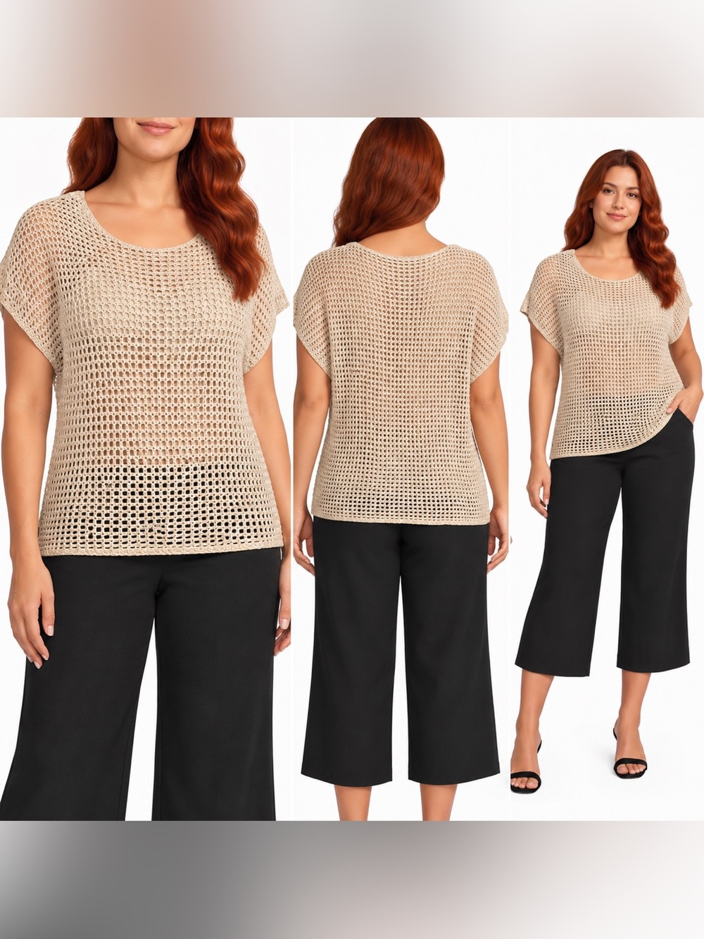 Investments Beige Open-Knit Short Sleeve top